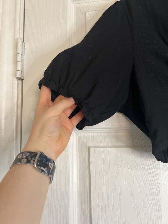 Altar'd State Black Tie-Front Puff Sleeve O-Ring Cropped Blouse - Picture 6 of 6